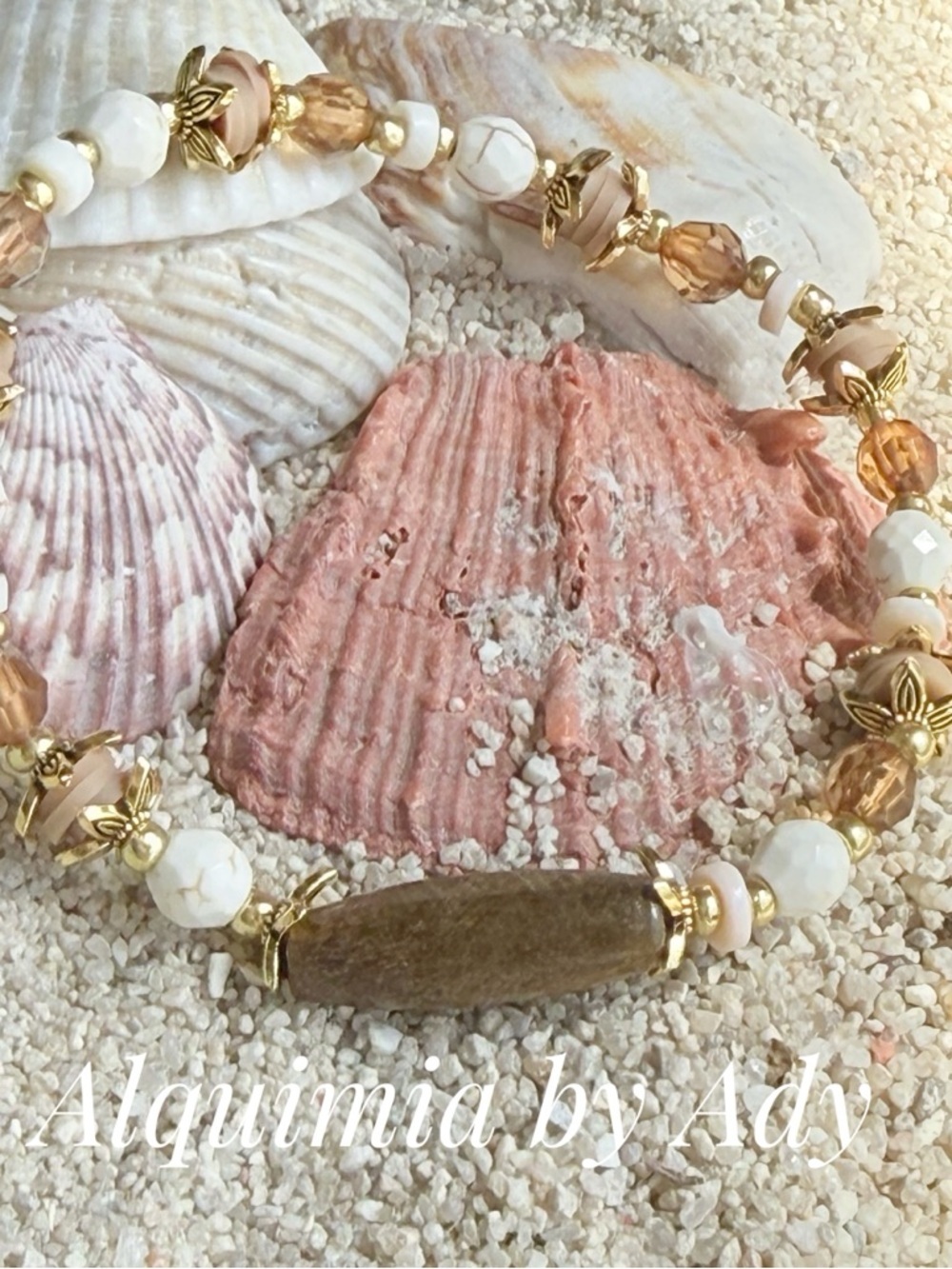 HOWLITE  Gold, White, Cream and Pink Beaded Bracelet